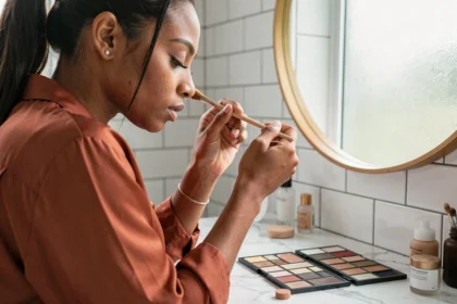 Femme appliquant un fard à paupières devant un miroir avec une palette de maquillage posée sur un marbre blanc