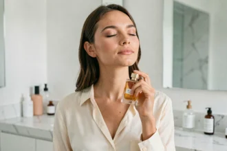 Femme tenant un flacon de parfum près de son cou dans une salle de bain épurée, illustrant les parfums préférés des hommes