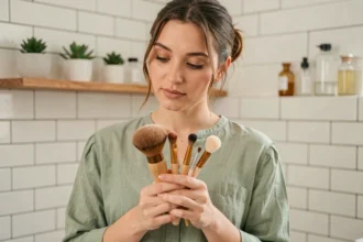 Jeune femme examinant des pinceaux maquillage vegan dans une salle de bain minimaliste aux tons naturels