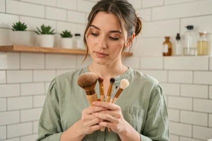 Jeune femme examinant des pinceaux maquillage vegan dans une salle de bain minimaliste aux tons naturels