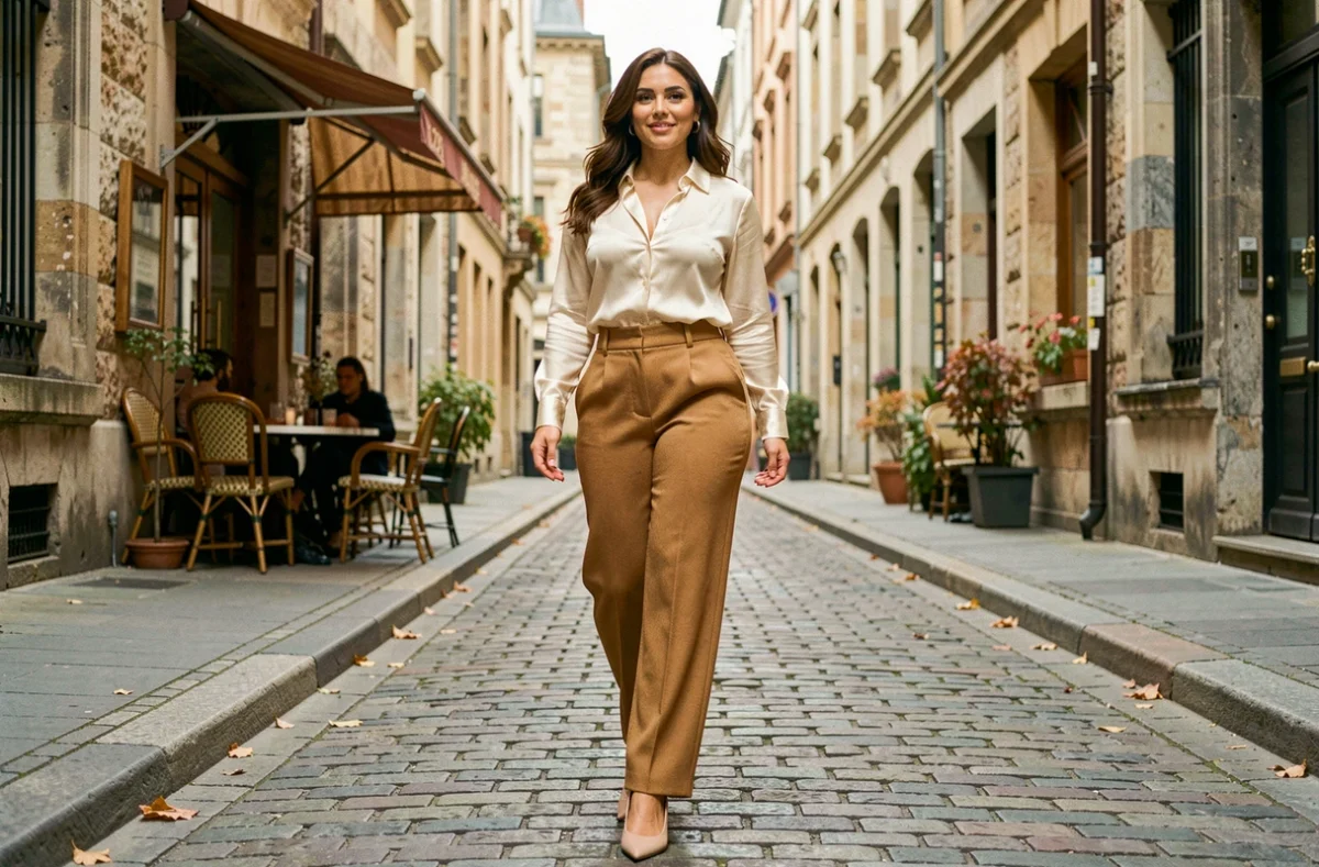 Femme pulpeuse en pantalon large camel et chemisier ivoire marchant dans une rue pavée européenne