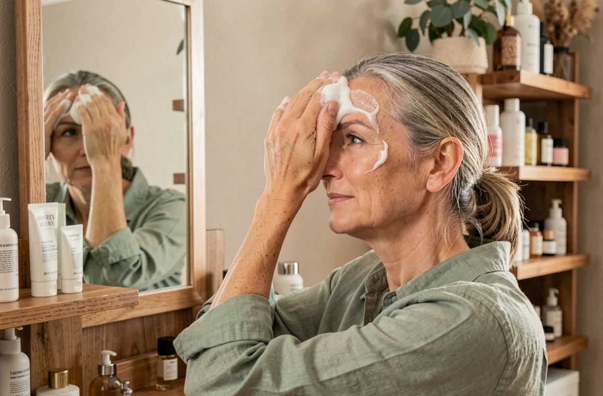 Femme d'une quarantaine d'années appliquant une mousse hydratante devant son miroir de vanité en bois, routine beauté naturelle à domicile