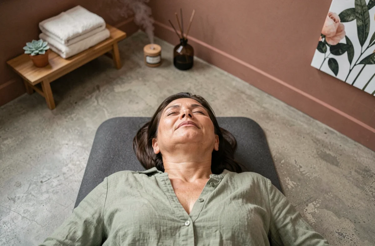 Femme mature en posture de relaxation profonde dans un studio de bien-être, peau naturelle et lumineuse vue de dessus