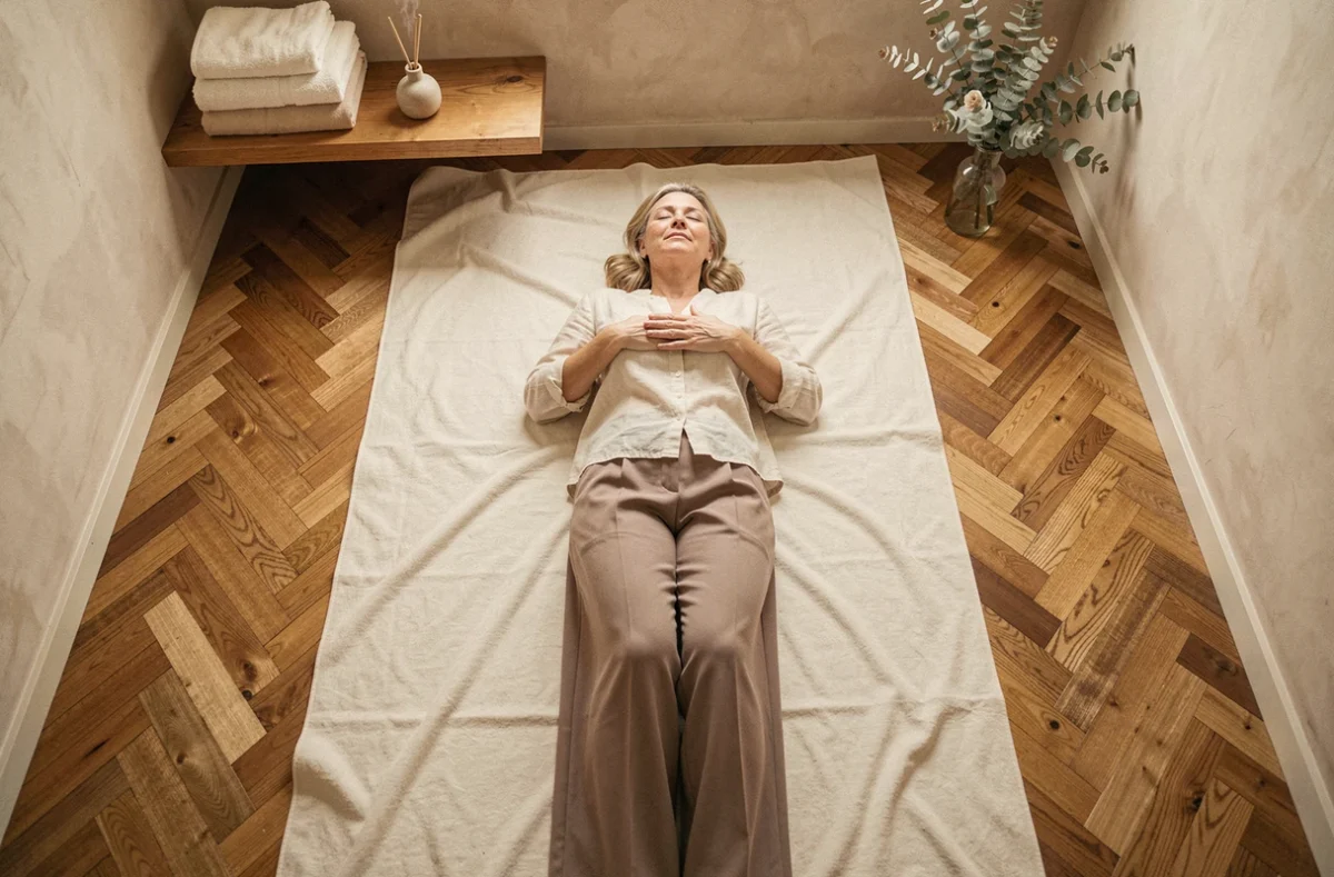 Femme allongée sur le dos pratiquant la respiration abdominale profonde dans une pièce de bien-être à la maison