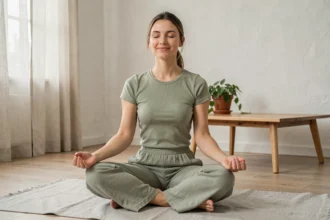 Femme pratiquant la respiration profonde en position assise sur un tapis de yoga dans un salon minimaliste