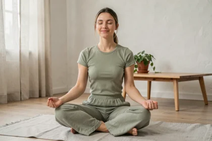 Femme pratiquant la respiration profonde en position assise sur un tapis de yoga dans un salon minimaliste