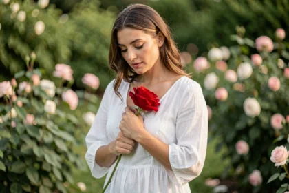 Femme tenant une rose rouge dans un jardin fleuri, symbolisant la féminité et la beauté naturelle