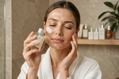 Femme appliquant une crème Caudalie sur son visage dans une salle de bain naturelle et minimaliste