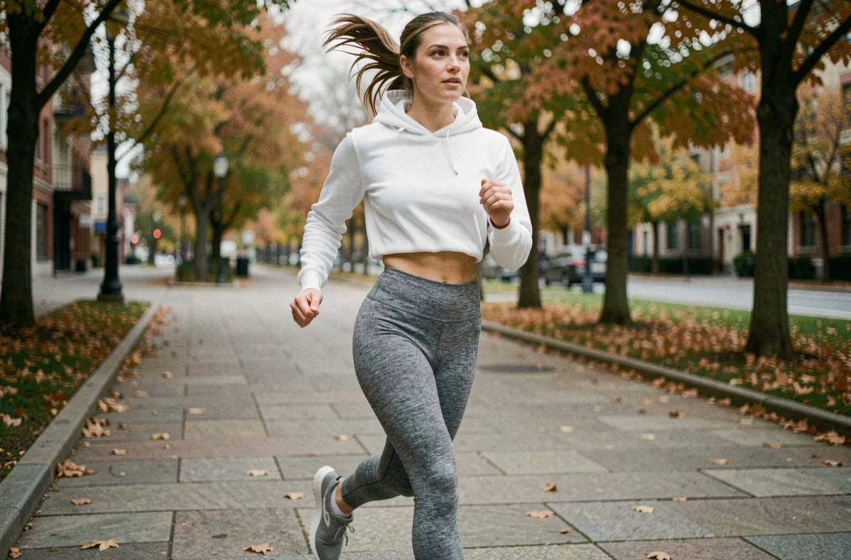 Femme en legging gris courant en extérieur avec ceinture large sans roulement