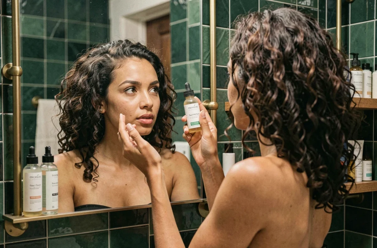 Femme observant un sérum probiotique dans le miroir d'une salle de bain moderne aux carreaux verts avec étagère de soins