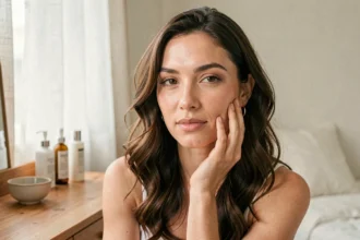 Femme aux soins du visage naturels se touchant doucement la joue devant une coiffeuse en bois