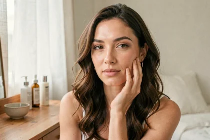 Femme aux soins du visage naturels se touchant doucement la joue devant une coiffeuse en bois