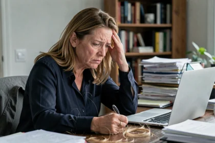 Femme stressée au bureau avec des cheveux qui tombent, illustrant le lien entre cortisol et chute de cheveux