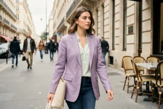 Femme portant un blazer lavande et un haut vert menthe pastel en se promenant sur un trottoir parisien animé