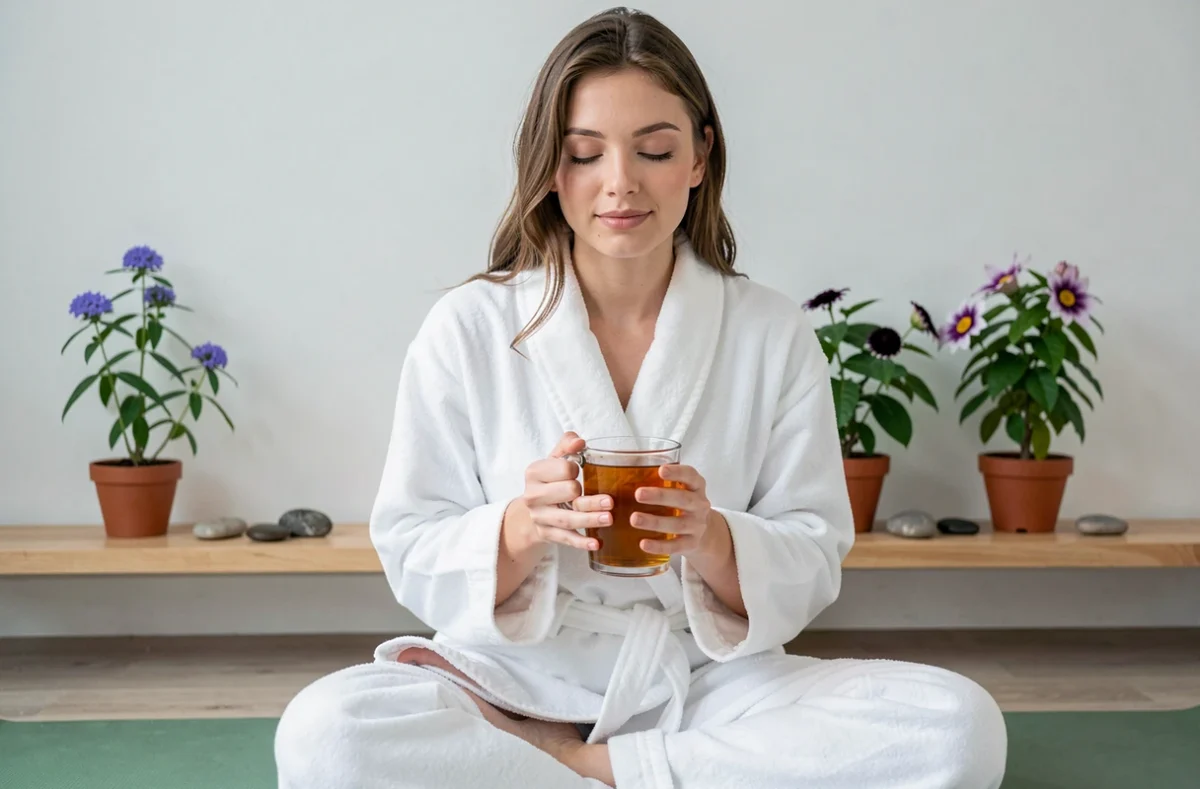 Jeune femme en robe blanche buvant une tisane de camomille entourée de plantes médicinales pour améliorer le sommeil