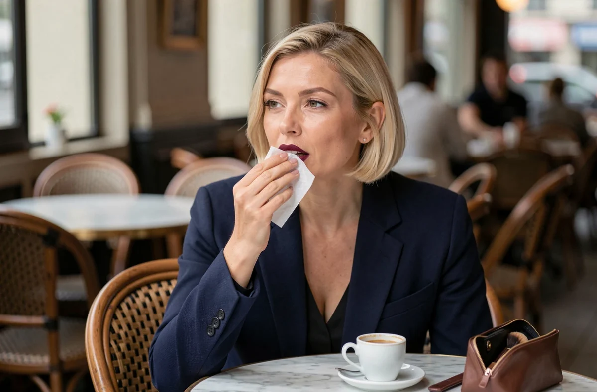 Femme tamponnant son rouge à lèvres bordeaux avec un mouchoir en papier dans un café parisien pour prolonger sa tenue