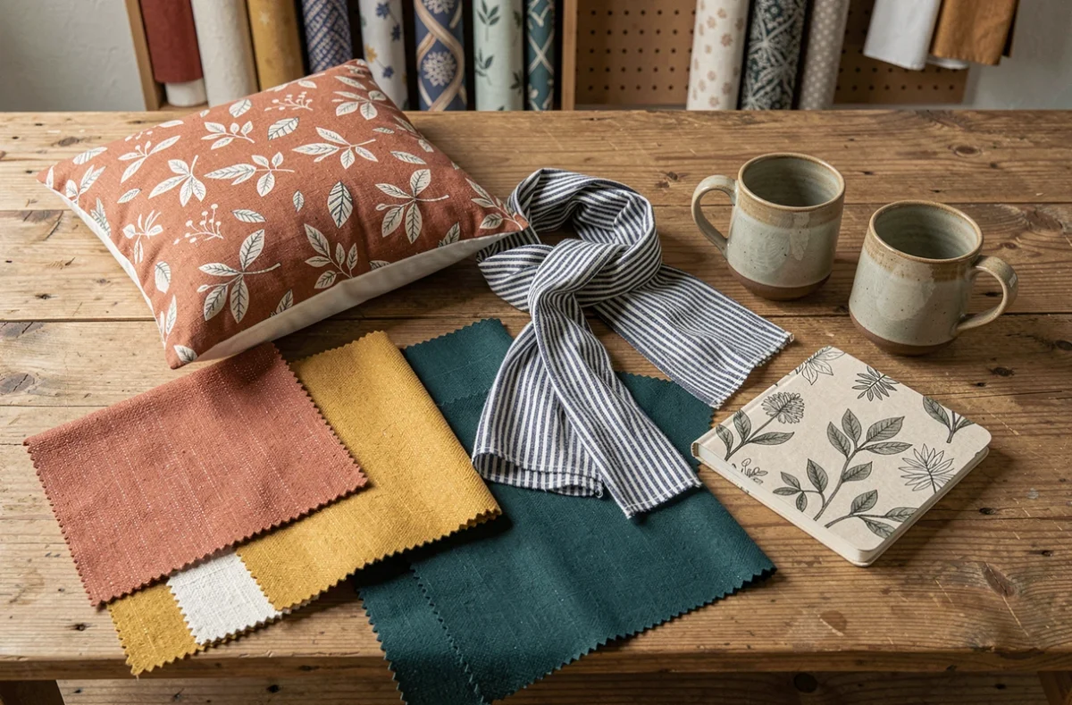 Flat-lay de tissus et accessoires aux motifs variés harmonieusement agencés sur une table en bois dans un atelier de design