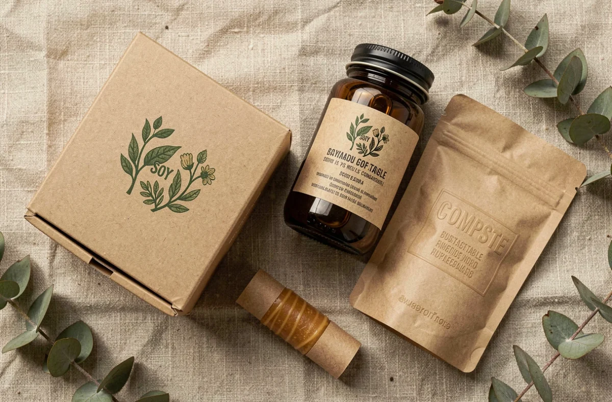Flat-lay de packagings durables en carton kraft, verre ambré et matériaux compostables sur fond de lin naturel