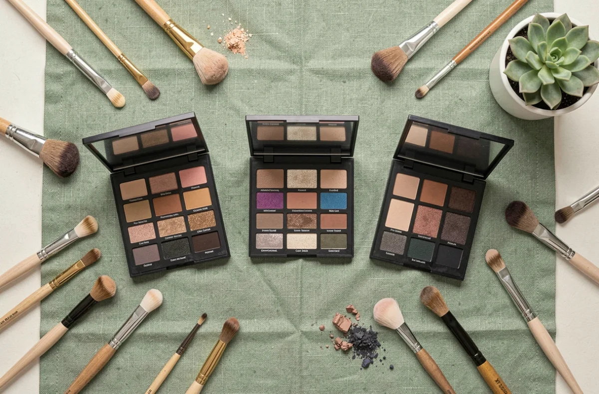 Mise en scène éditoriale de palettes de fards à paupières ouvertes sur une surface en lin avec des pinceaux de maquillage