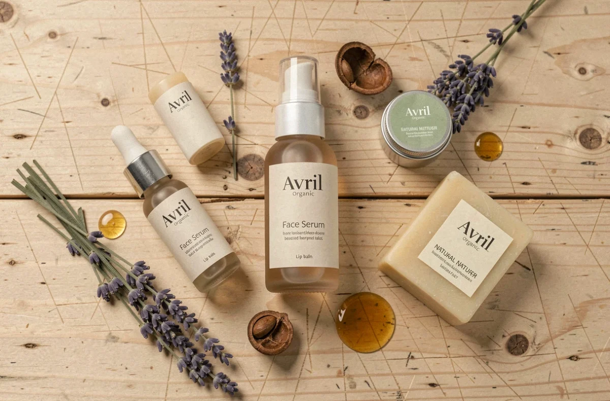 Disposition à plat de produits cosmétiques biologiques Avril avec ingrédients naturels bruts sur bois