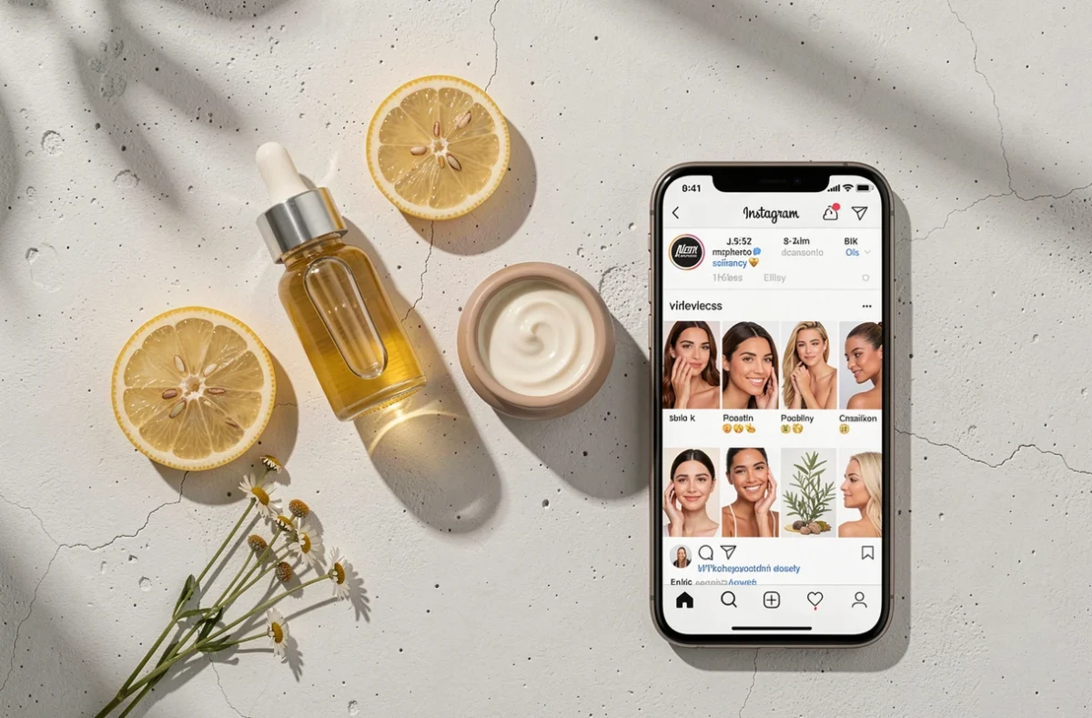 Flat lay de produits de soin probiotiques avec fleurs séchées et smartphone affichant Instagram sur fond béton blanc