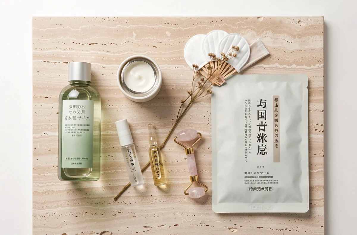 Flat lay de produits de soin japonais pour le layering sur une surface en travertin pâle, routine beauté japonaise étape par étape