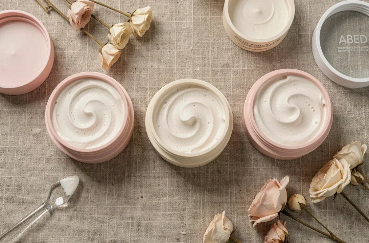 Flat-lay de produits de soin visage texture mousse en pots pastel sur lin, photographie produit beauté éditoriale