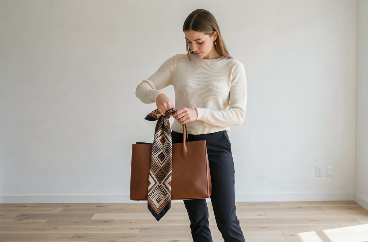 Femme nouant un foulard carré imprimé géométrique sur l'anse d'un sac en cuir structuré dans un appartement minimaliste