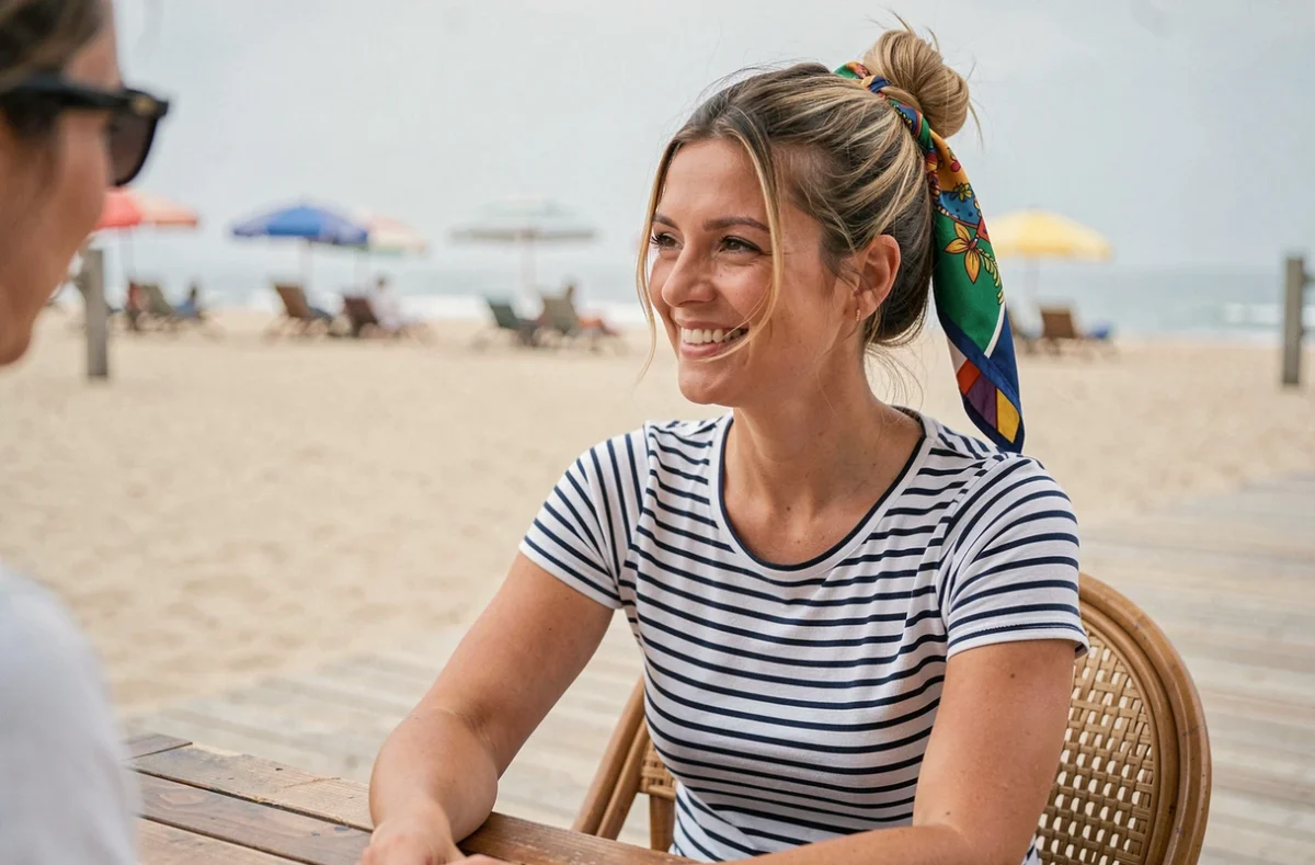 Femme avec un foulard en soie coloré dans les cheveux dans un café de bord de mer