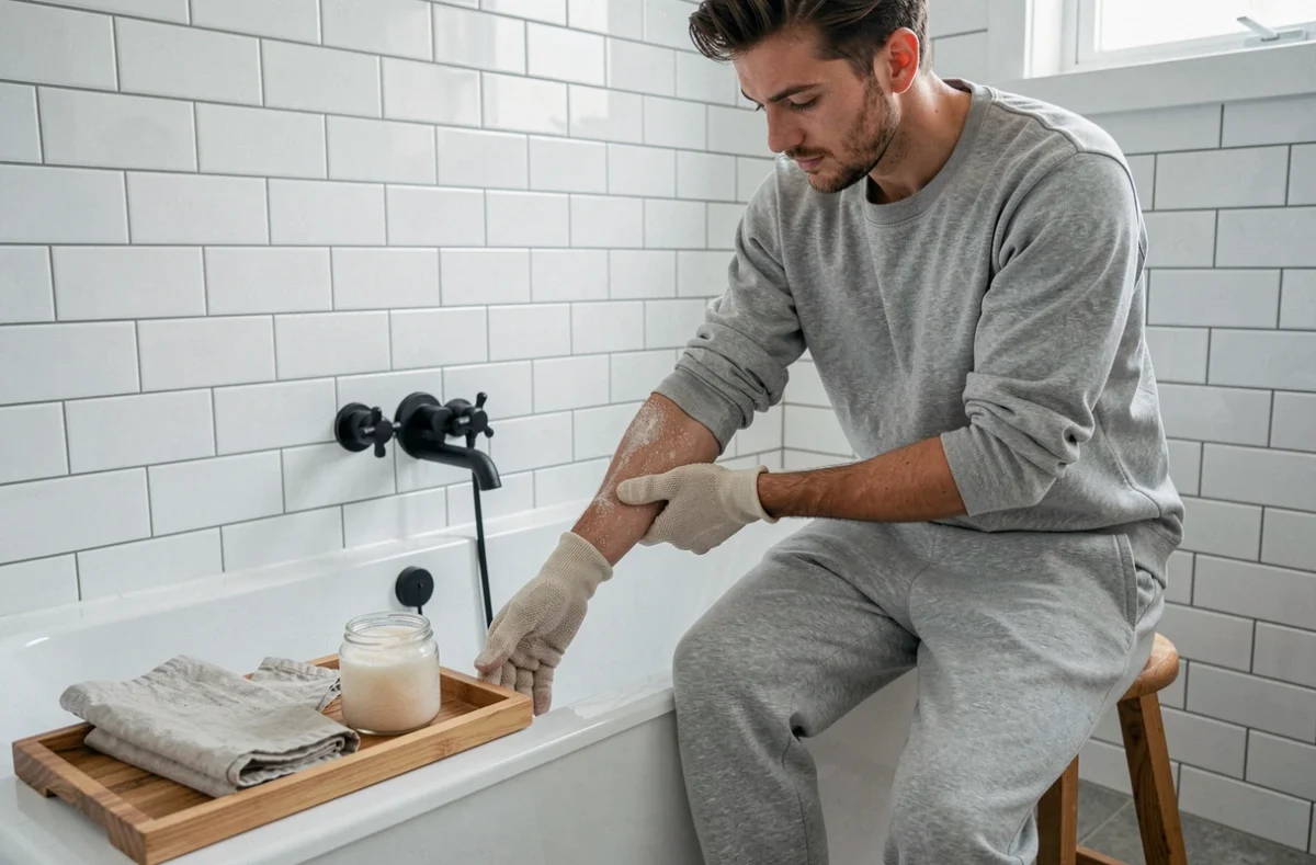 Homme utilisant un gommage corps avec gant exfoliant dans une salle de bain minimaliste
