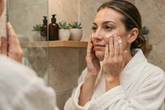 Femme appliquant un gommage visage dans une salle de bain naturelle et épurée