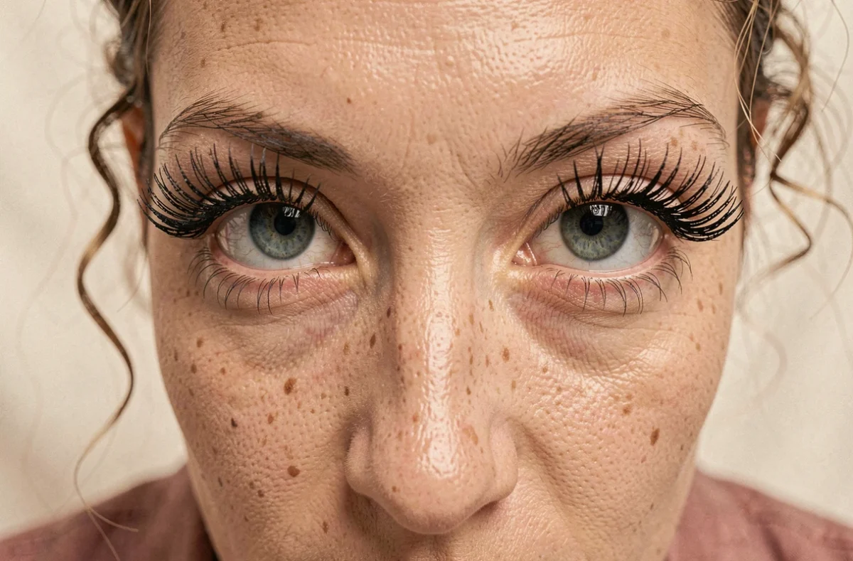 Gros plan sur des cils naturellement bouclés et volumineux mis en valeur par un mascara adapté à leur forme