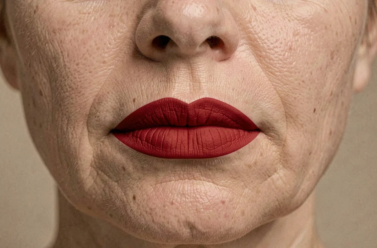 Gros plan sur des lèvres féminines portant un rouge à lèvres mat rouge classique sur fond neutre
