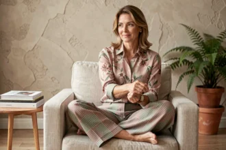 Femme portant un mélange de motifs floraux et géométriques harmonieusement coordonnés dans un salon décoré avec soin