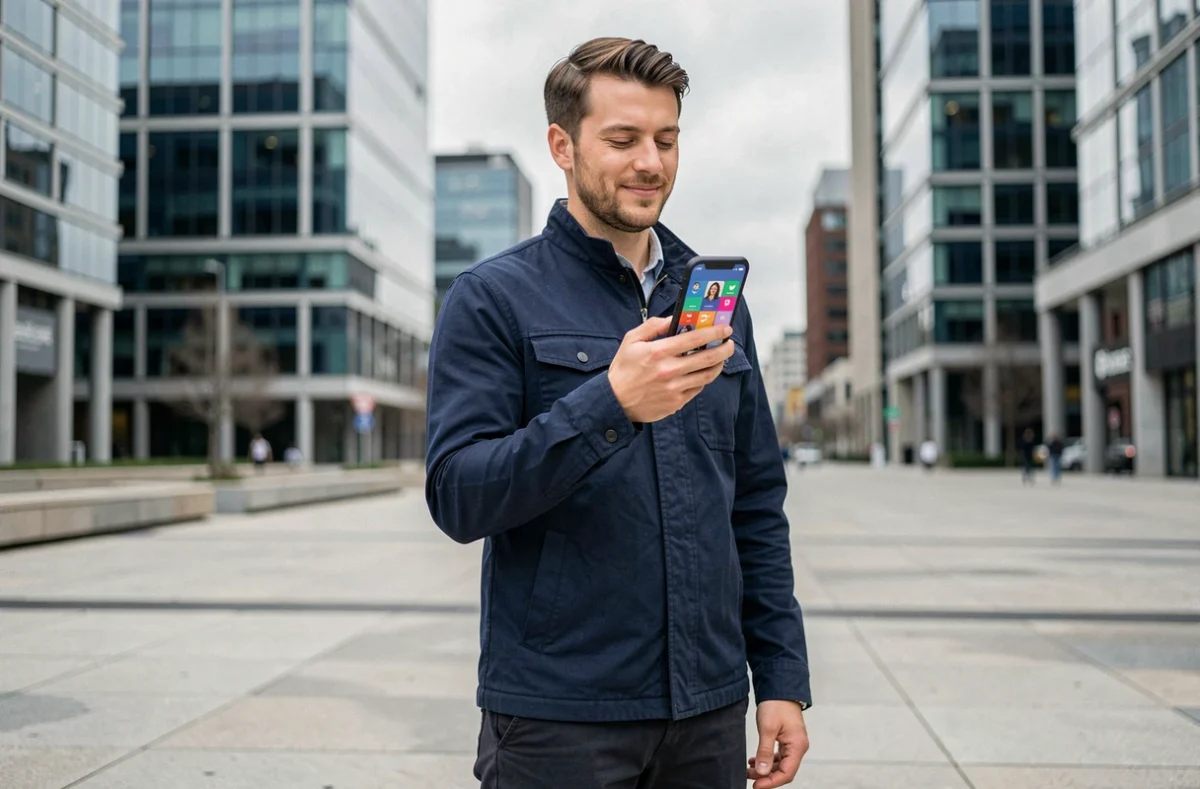 Homme consultant une application de rencontre en plein air en ville, représentant le marché concurrentiel des plateformes de dating face à Adopt