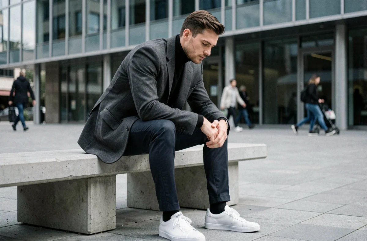 Homme en blazer oversize gris anthracite et col roulé noir assis dans une place urbaine moderne