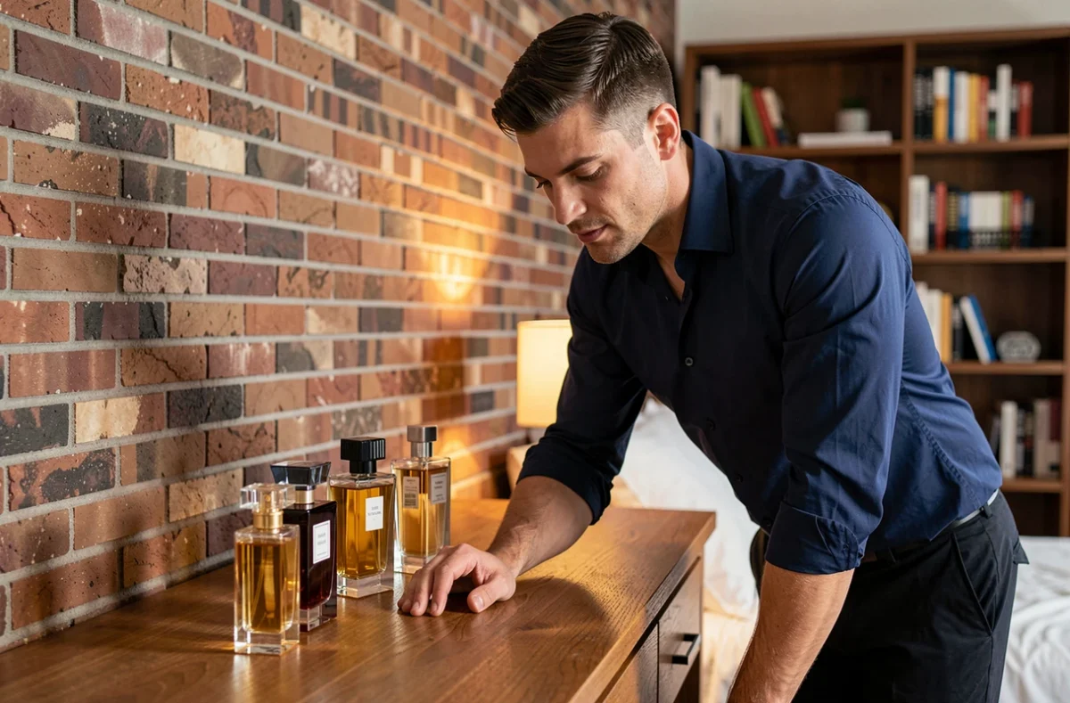 Homme inspectant une collection de flacons de parfum sur une commode en bois dans un appartement moderne