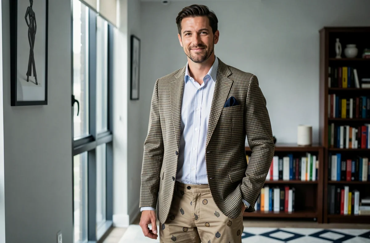 Homme en blazer houndstooth et chemise rayée illustrant une harmonie de motifs masculins maîtrisée dans un appartement moderne