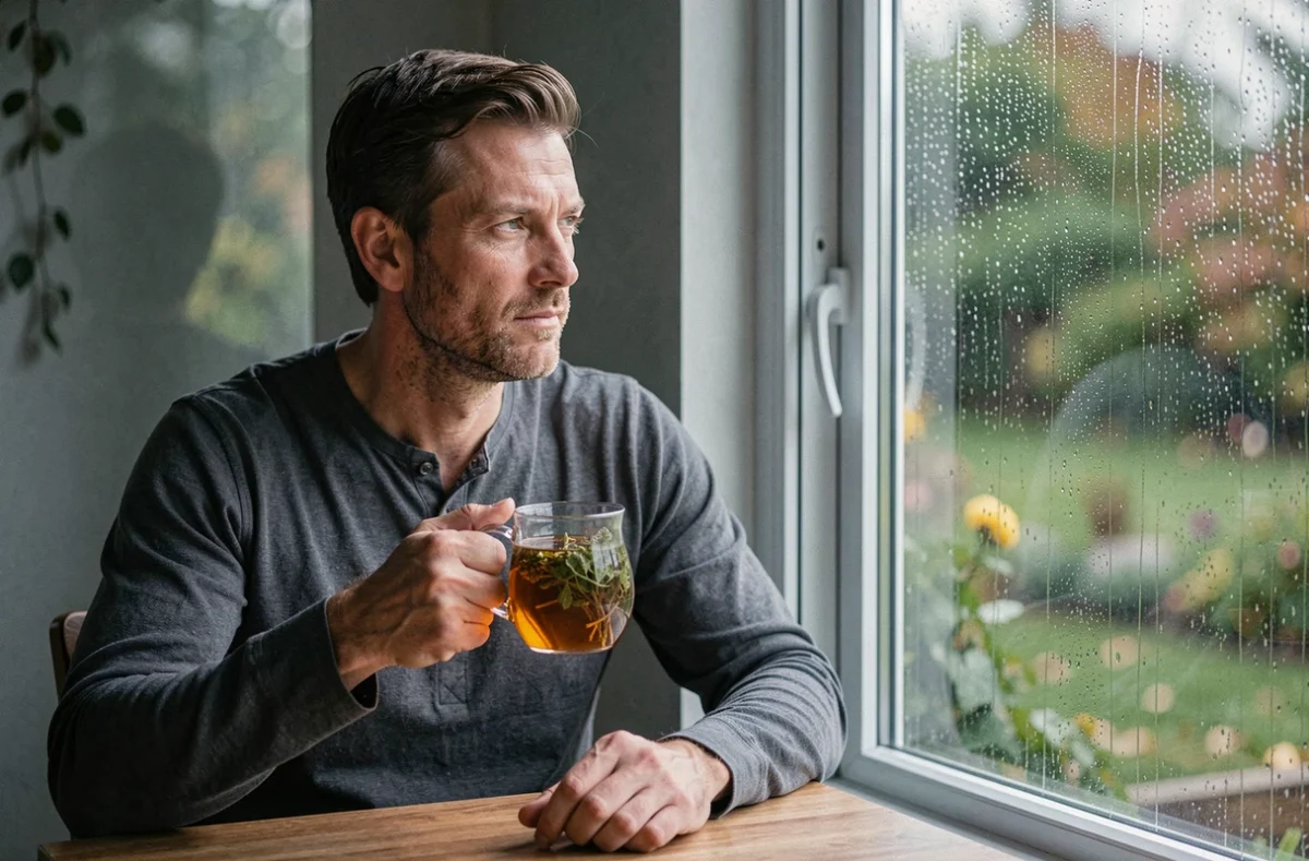 Homme pensif buvant une infusion dans une tasse en verre près d'une fenêtre sous la pluie en soirée d'automne
