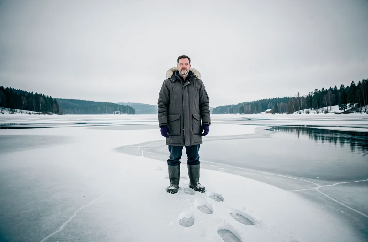 Homme en parka gris au bord d'un lac gelé dans un paysage nordique immense, illustrant les couleurs profondes du froid
