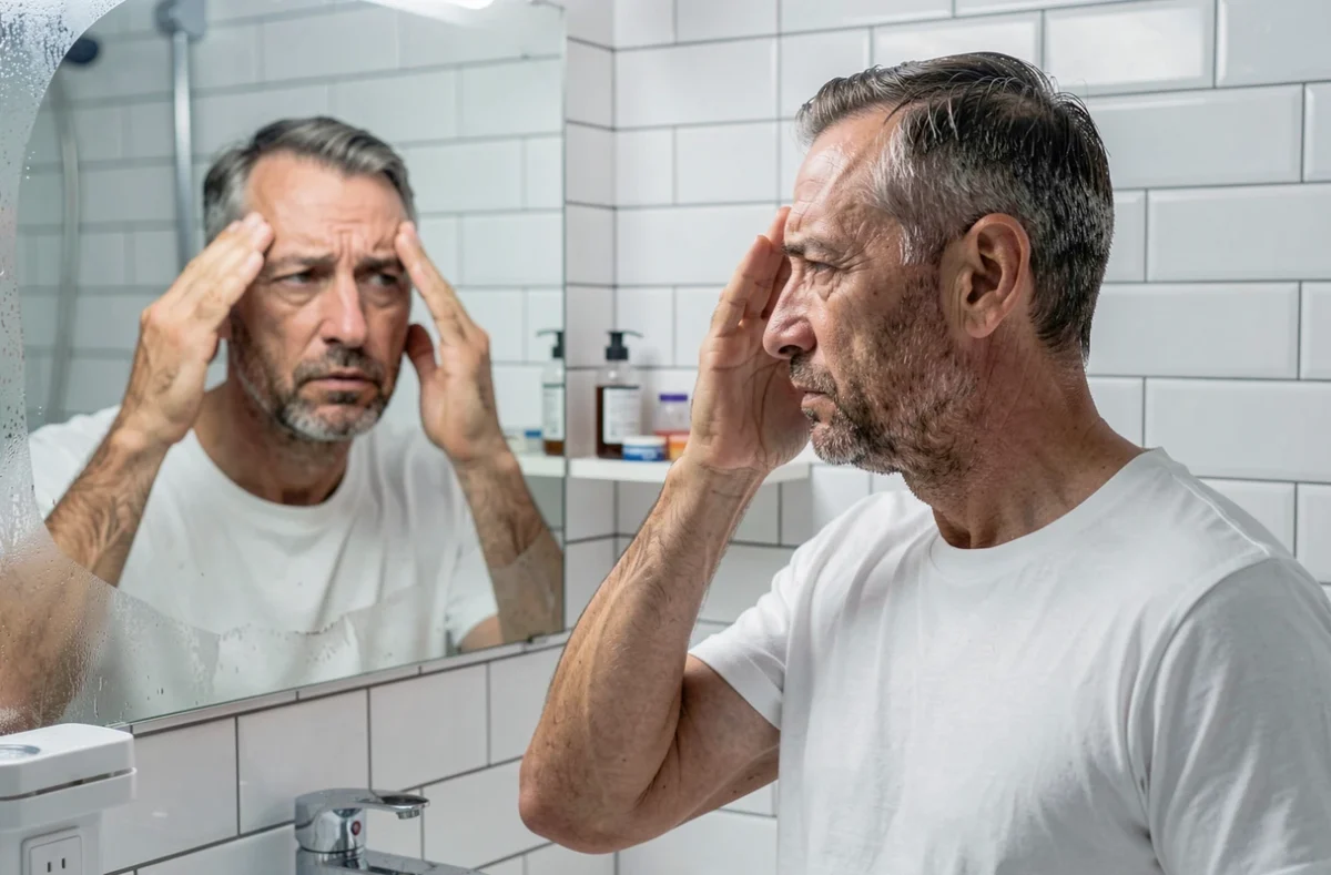 Homme observant sa chute de cheveux dans un miroir de salle de bain, en lien avec le stress et le cortisol