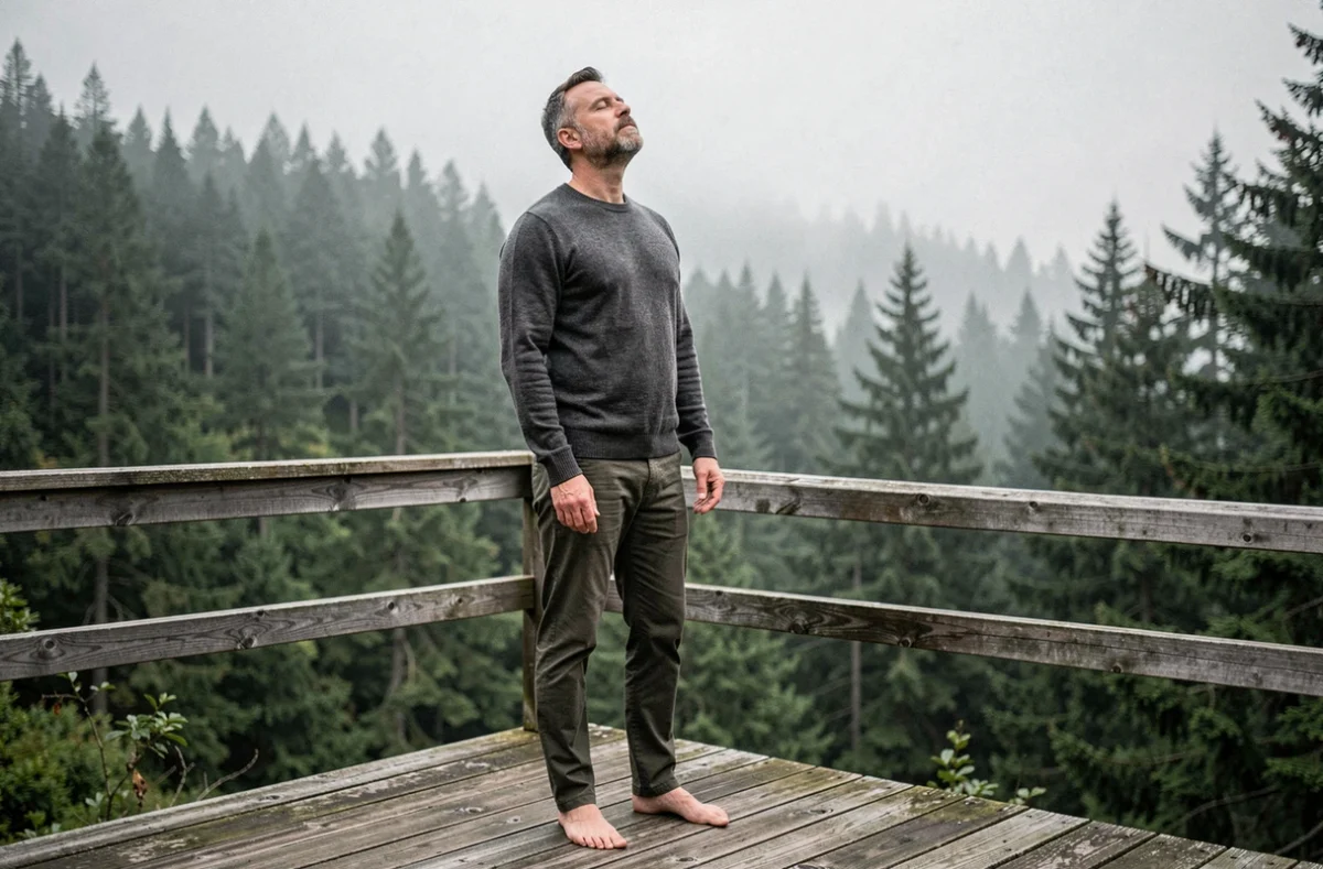 Homme pratiquant la respiration profonde en plein air sur une terrasse en bois face à une forêt brumeuse