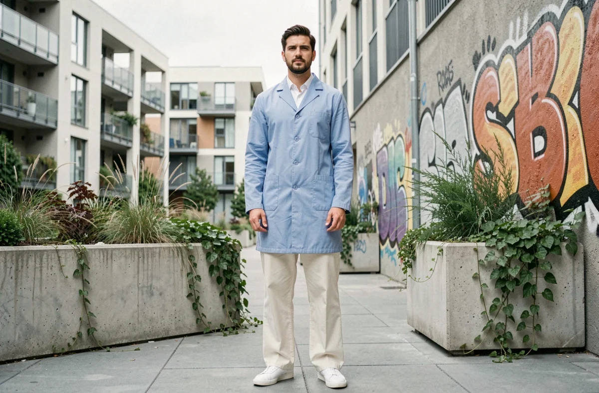 Homme en manteau chore bleu poudré et pantalon crème style pastel dans un quartier urbain moderne
