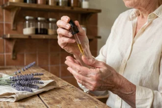 Femme appliquant une huile naturelle dorée sur ses mains très sèches avec un flacon compte-gouttes en verre ambré sur une table en bois rustique