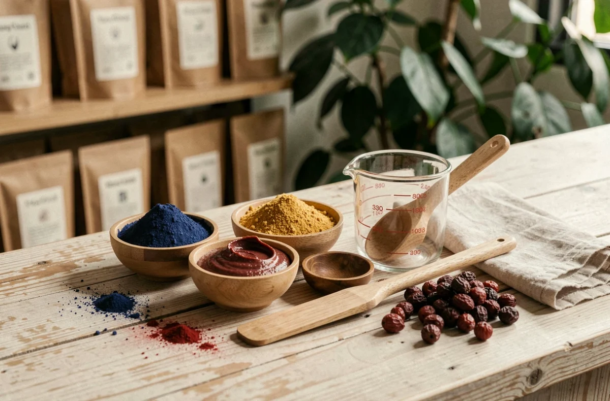 Ingrédients naturels de coloration végétale disposés sur un comptoir en bois dans un salon de coiffure bio