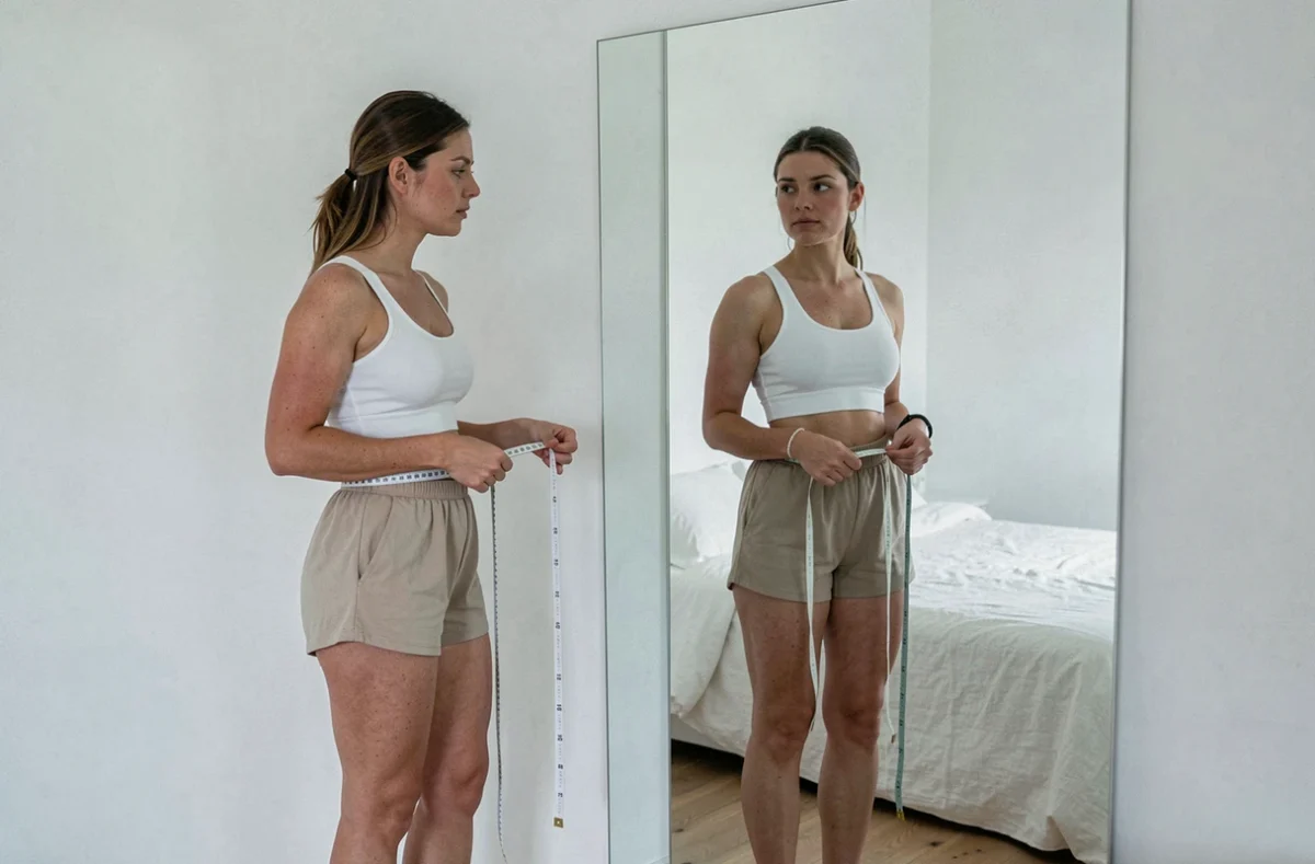 Jeune femme de 28 ans mesurant sa taille devant un miroir dans une chambre minimaliste, représentant la conscience corporelle et le suivi du poids selon la morphologie