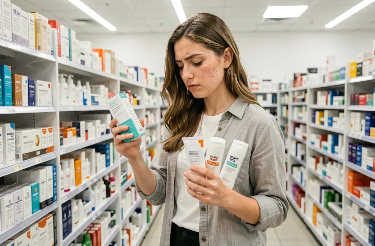 Jeune femme de 25 ans en pharmacie choisissant une crème hydratante adaptée à son type de peau, rayon soins visage et cosmétiques