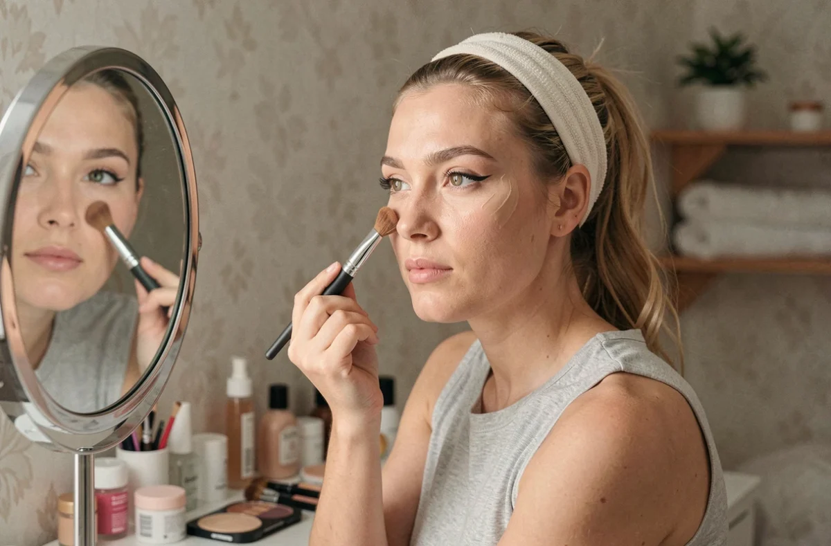 Jeune femme appliquant un primer avec un pinceau sur son visage devant un miroir de coiffeuse, comparaison avant et après application