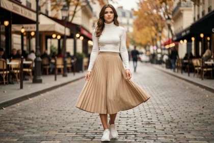 Jeune femme portant une jupe plissée beige midi avec un col roulé blanc dans une rue pavée parisienne en automne