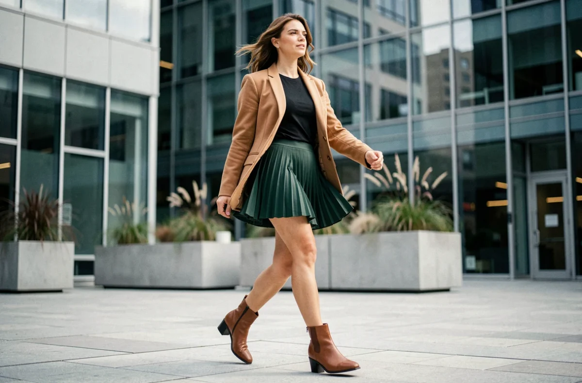 Femme en jupe plissée verte et blazer camel marchant dans un quartier urbain moderne avec des immeubles en verre